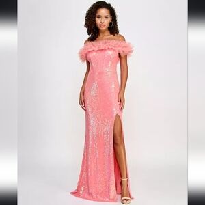 NWT Pear Culture Juniors Tulle-Trim Off-The-Shoulder Sequin Gown in Coral Size 9